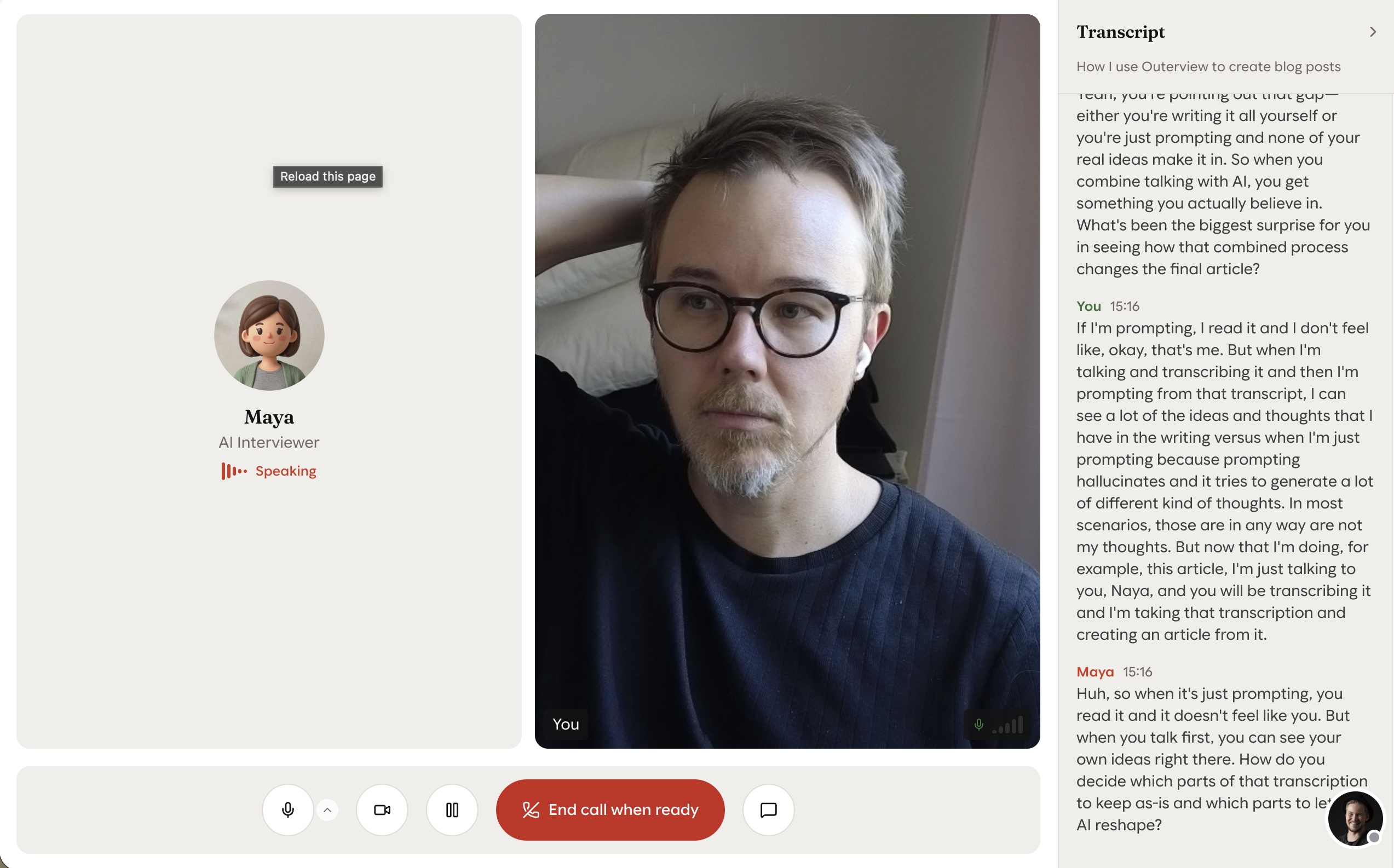 Talking to Maya, Outerview's AI interviewer, with the live transcript building on the right