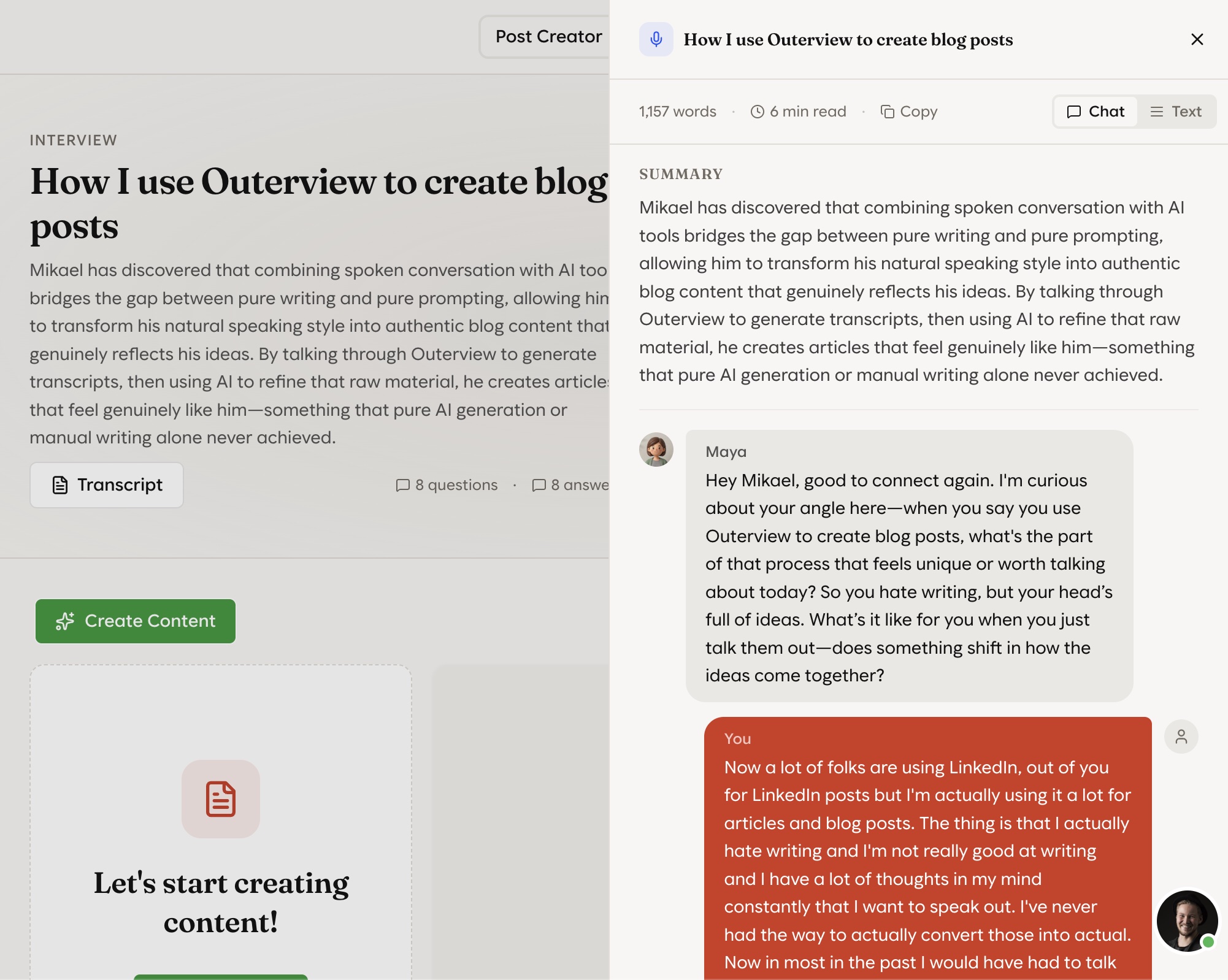 The Outerview post creator turning the interview transcript into an article